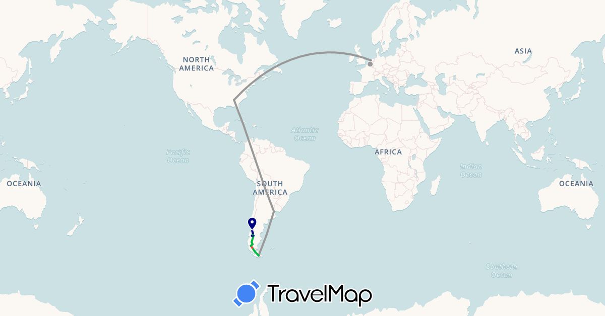 TravelMap itinerary: driving, bus, plane, hiking in Argentina, Belgium, Chile, Netherlands, United States (Europe, North America, South America)